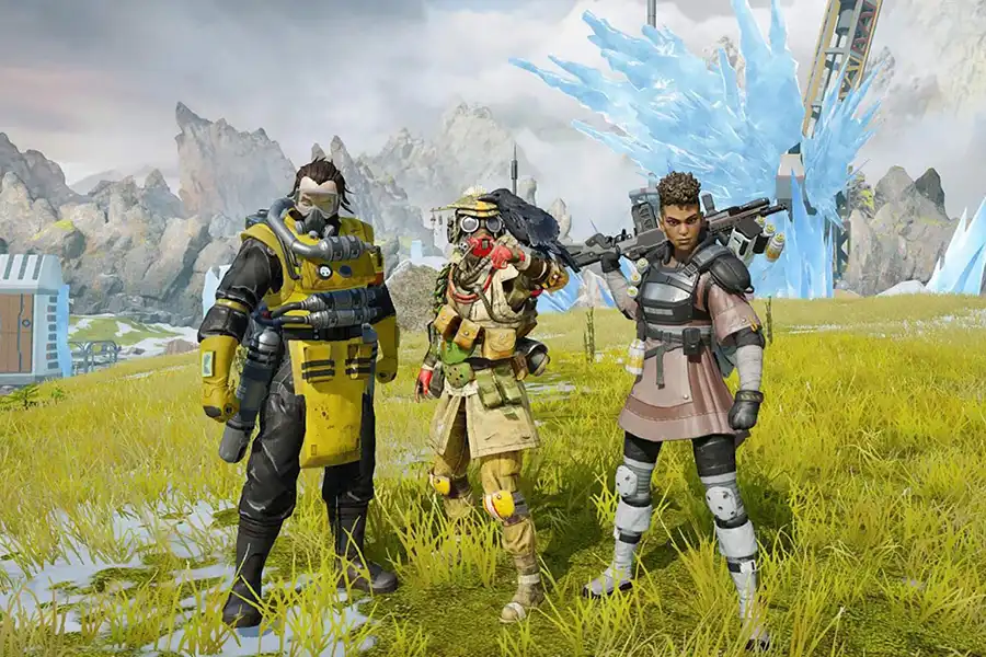 A screenshot from Apex Legends featuring three characters from the game.