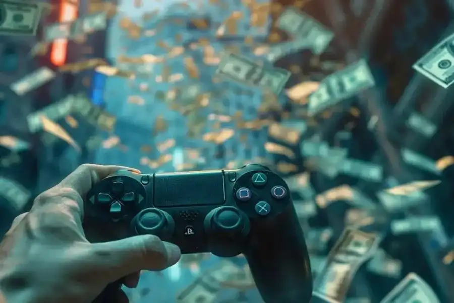 Picture of a hand holding a Play Station 4 Controller with dollars in the background.