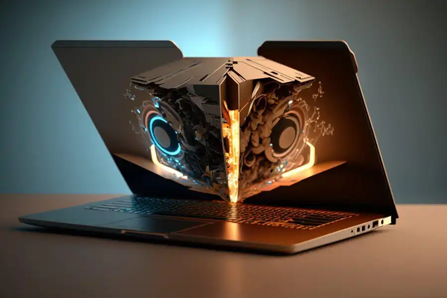 A futuristic laptop with a glowing, mechanical cube emerging from its screen