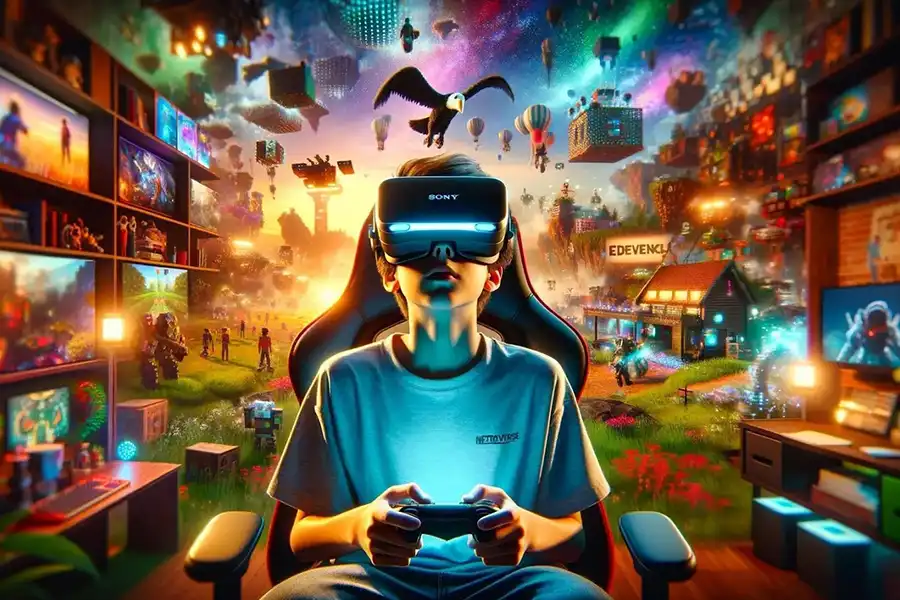 A Designed Picture of a Gamer playing video games with a headset on his head.
