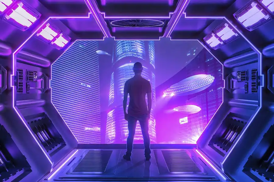 Picture of a man in a futuristic place looking out from a window.