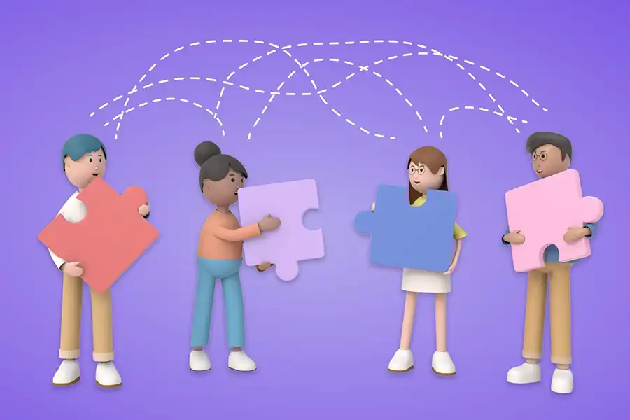 Three characters holding different pieces of a puzzle.