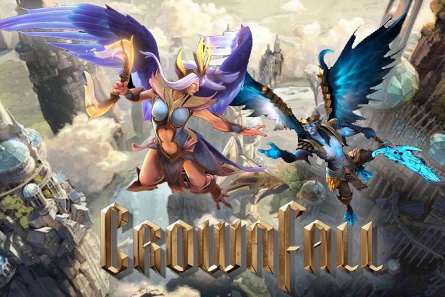 the title "Crownfall" with Skywrath Mage and Vengeful Spirit flying through a fantasy cityscape.