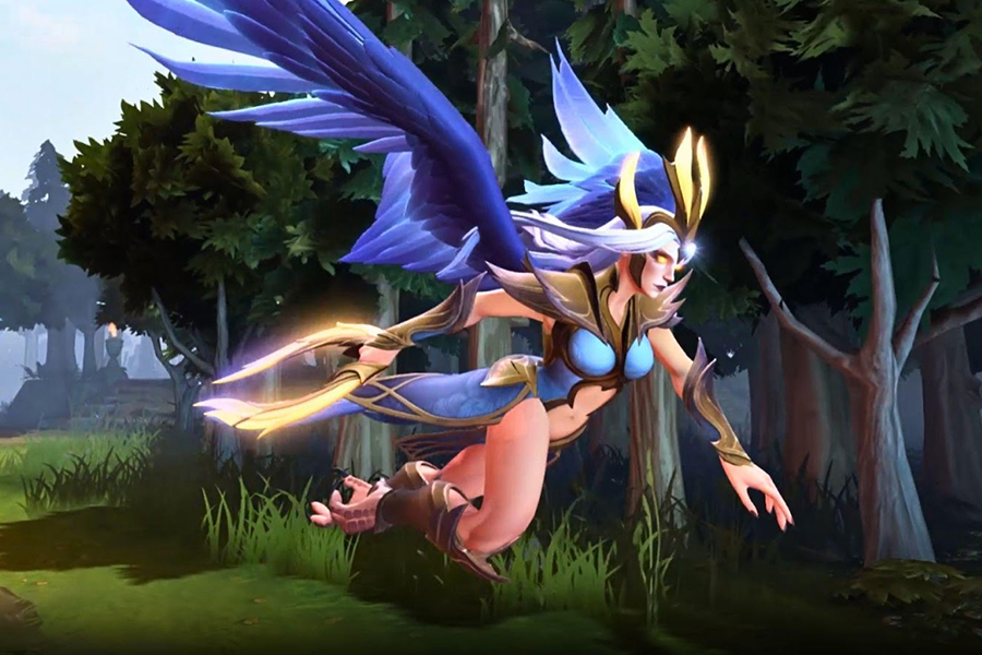 Vengeful Spirit, a Dota 2 hero, soaring through the forest with her wings outstretched, ready for battle.