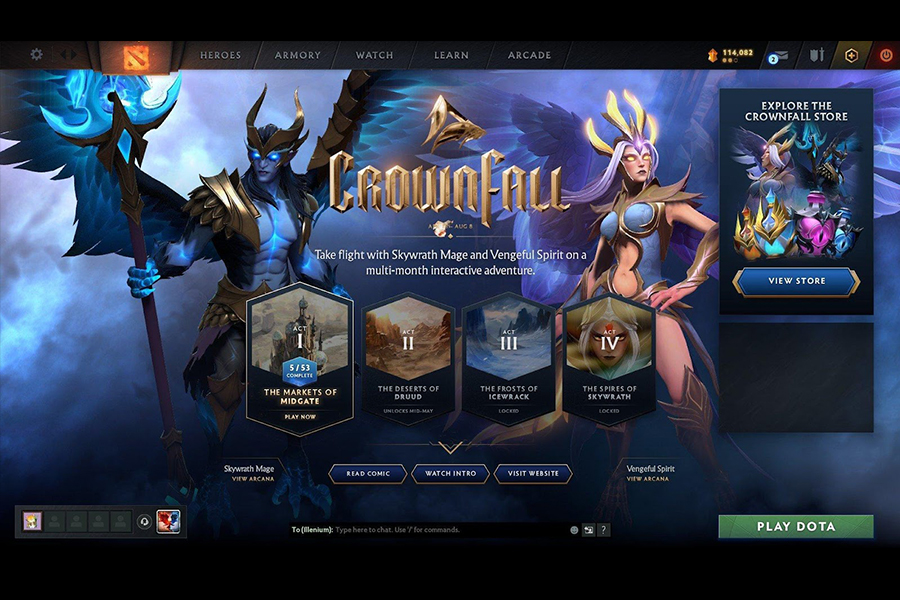 the main menu of "Crownfall," featuring characters Skywrath Mage and Vengeful Spirit, along with interactive adventure acts and options.