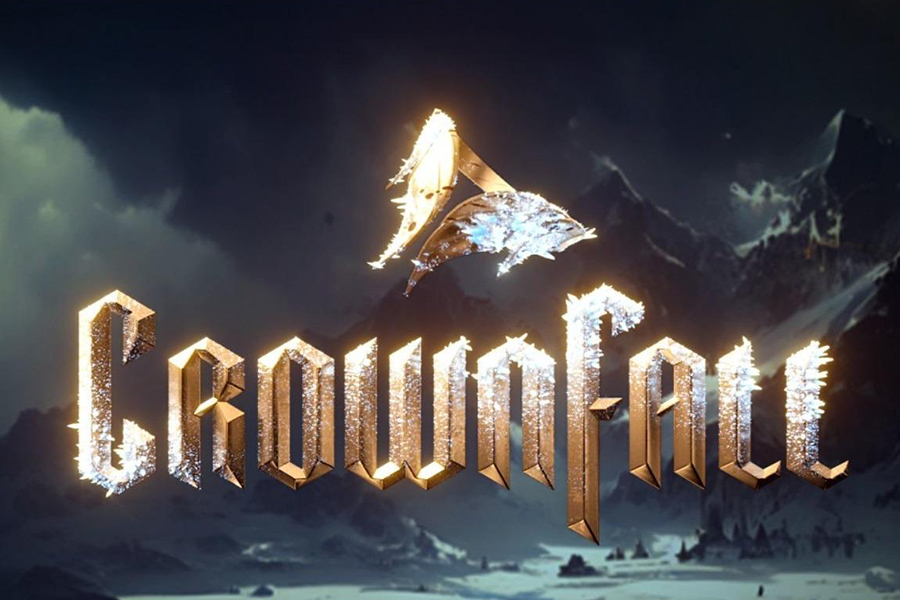 the title "Crownfall," with a stylized logo and a backdrop of snowy mountains, likely related to the Dota 2 universe.