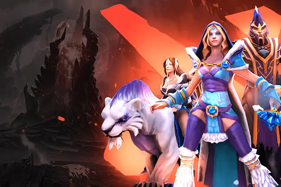 Image of Dota 2 characters on the right side with a hellish tower on the left side.