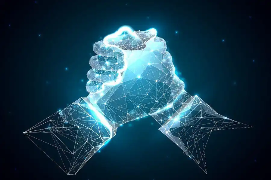 Two digital hands holding each other tightly.