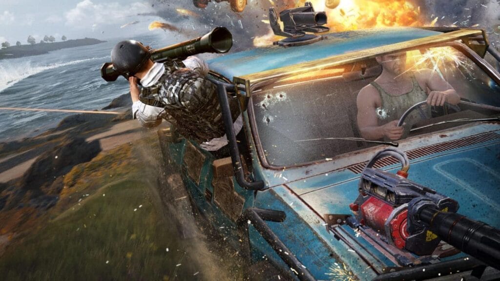 A thrilling image of PUBG Guy firing an RPG while riding in a car.