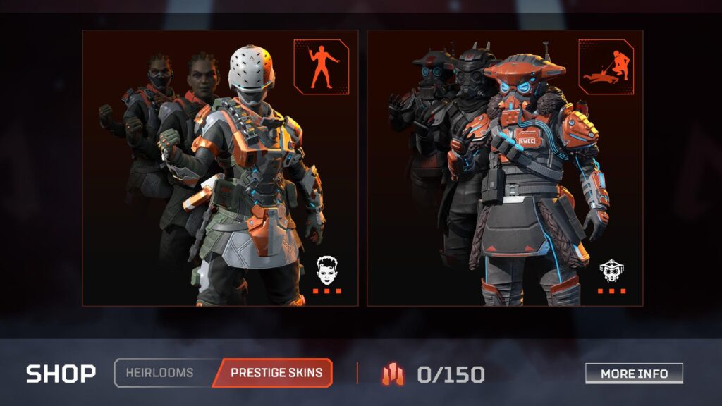 a screenshot of Apex Legends showing different characters and skins.