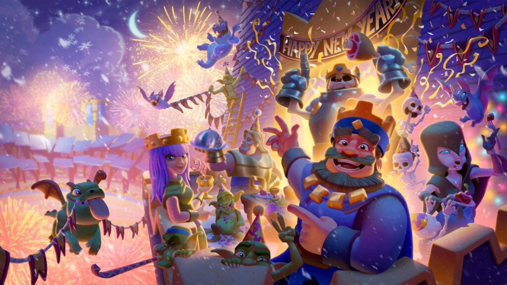 a cheerful image of Clash Royale featuring its many characters