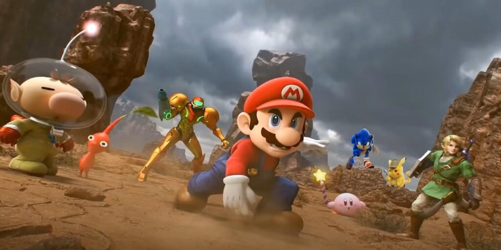 Mario and Link in a wallpaper of Super Smash Bros
