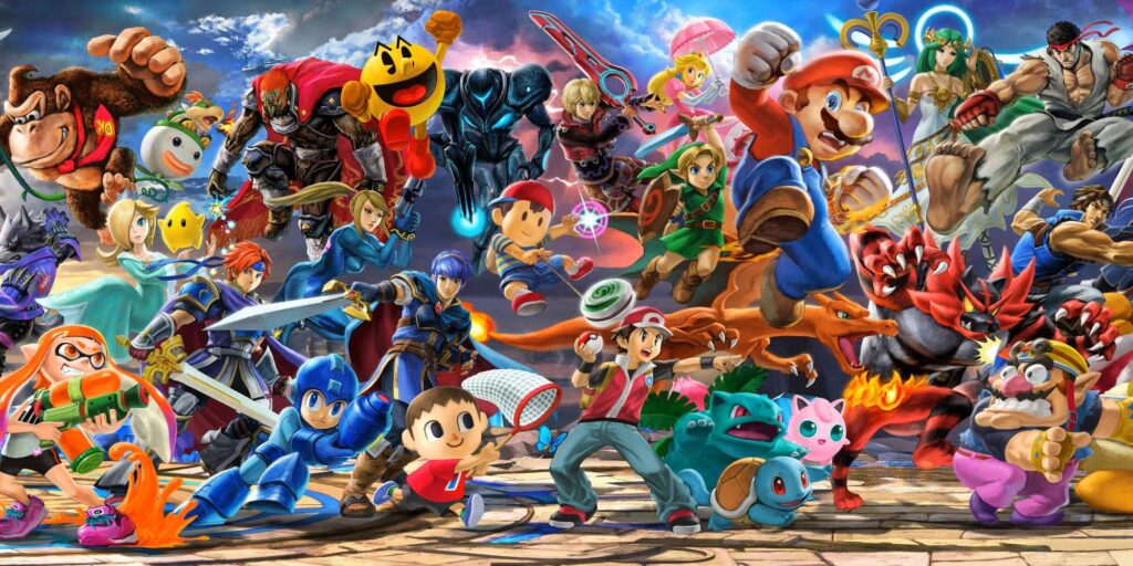 A wallpaper of Super Smash Bros with its vast roster of characters
