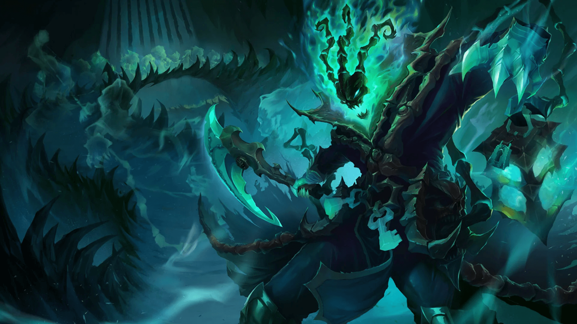 A wallpaper of Thresh from League of Legends.