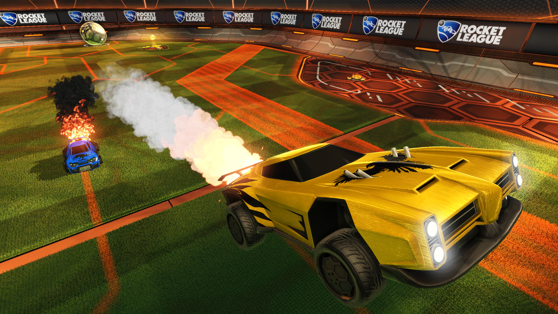 a yellow car flying in the sky above in Rocket League.