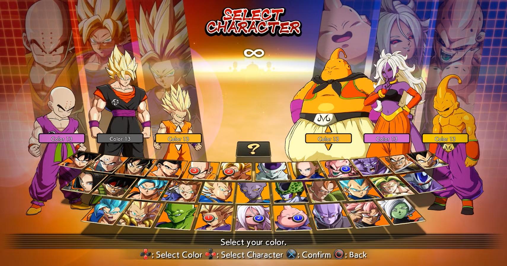A picture of the select characters menu of Dragon Ball FighterZ.