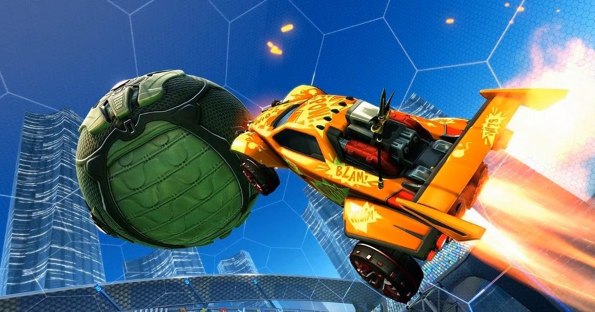 a car hitting a ball in the sky in Rocket League.