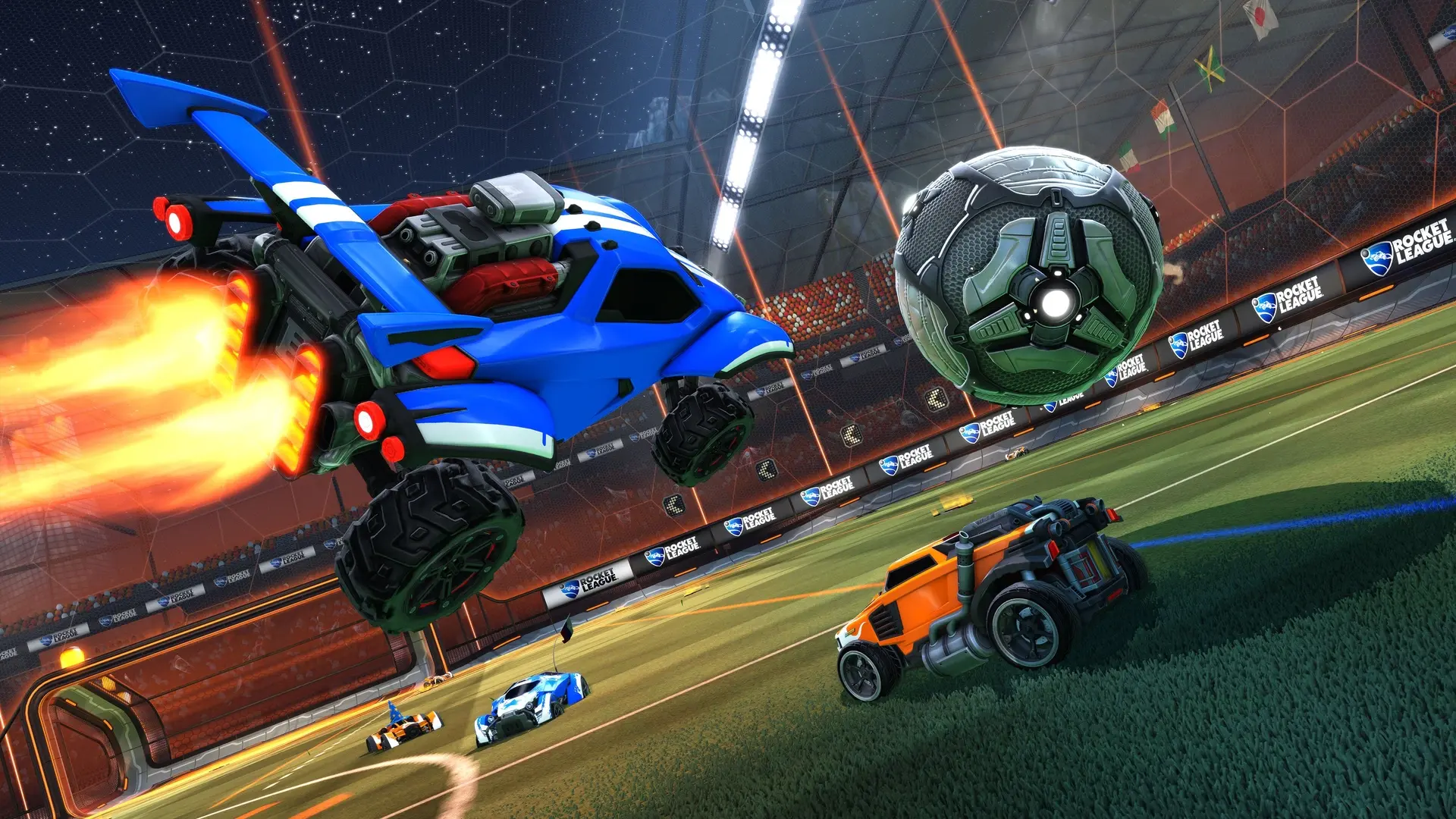 a blue diver to hit the ball in Rocket League.