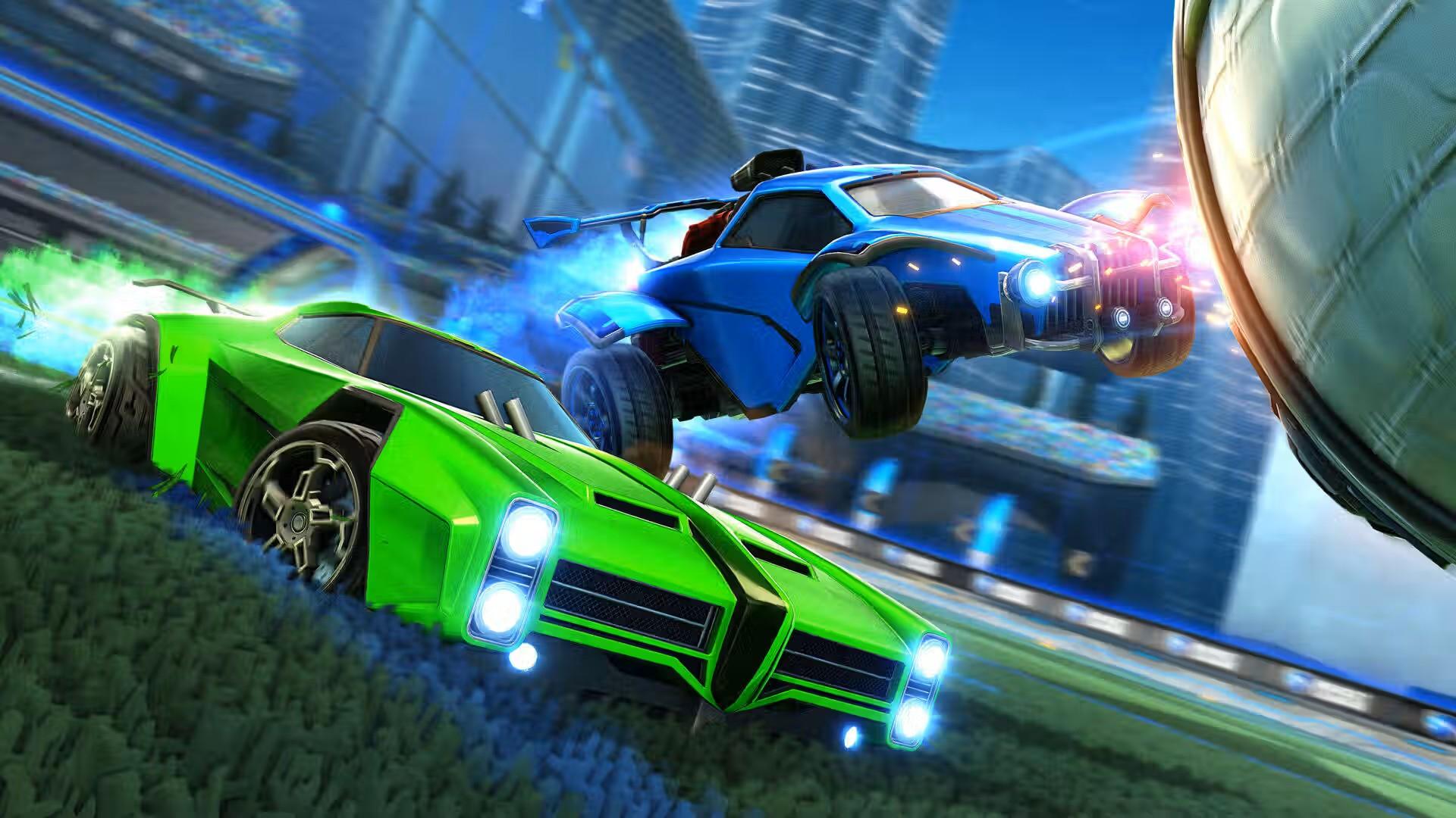 a blue and a green car racing toward the ball in Rocket League.