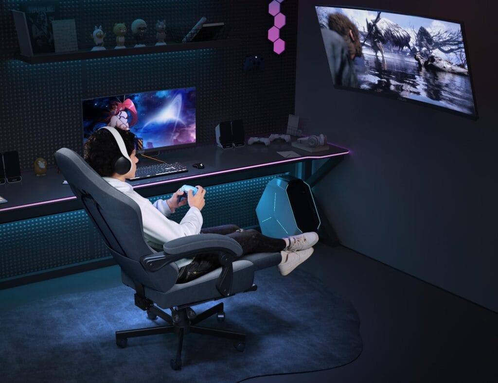 a picture of a player comfortably sitting on his gaming chair
