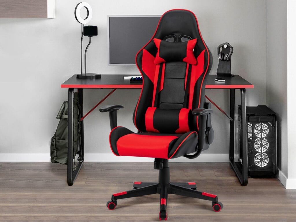 an image of a black and red gaming chair