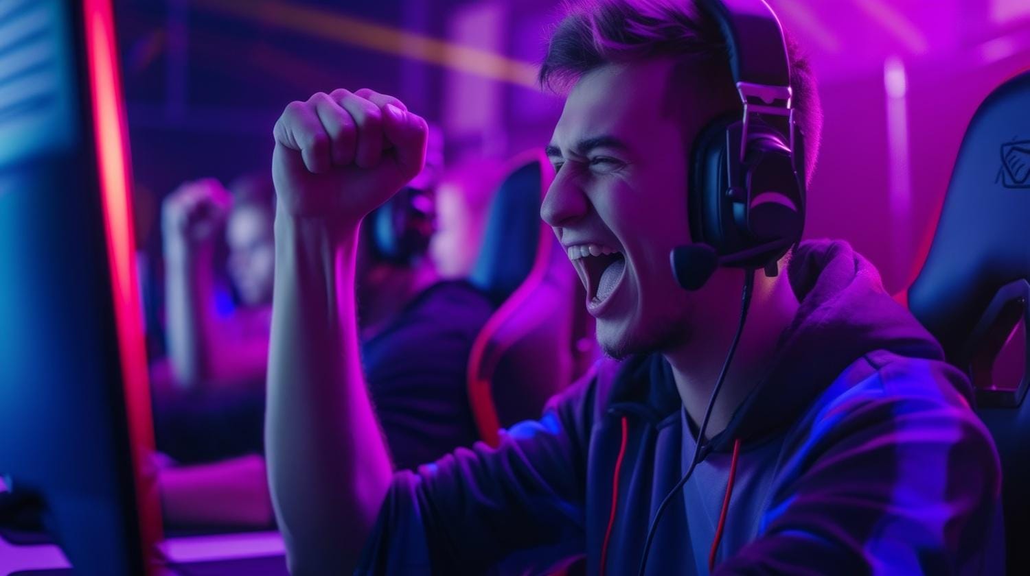 picture of a happy player with a gaming headset on his head.