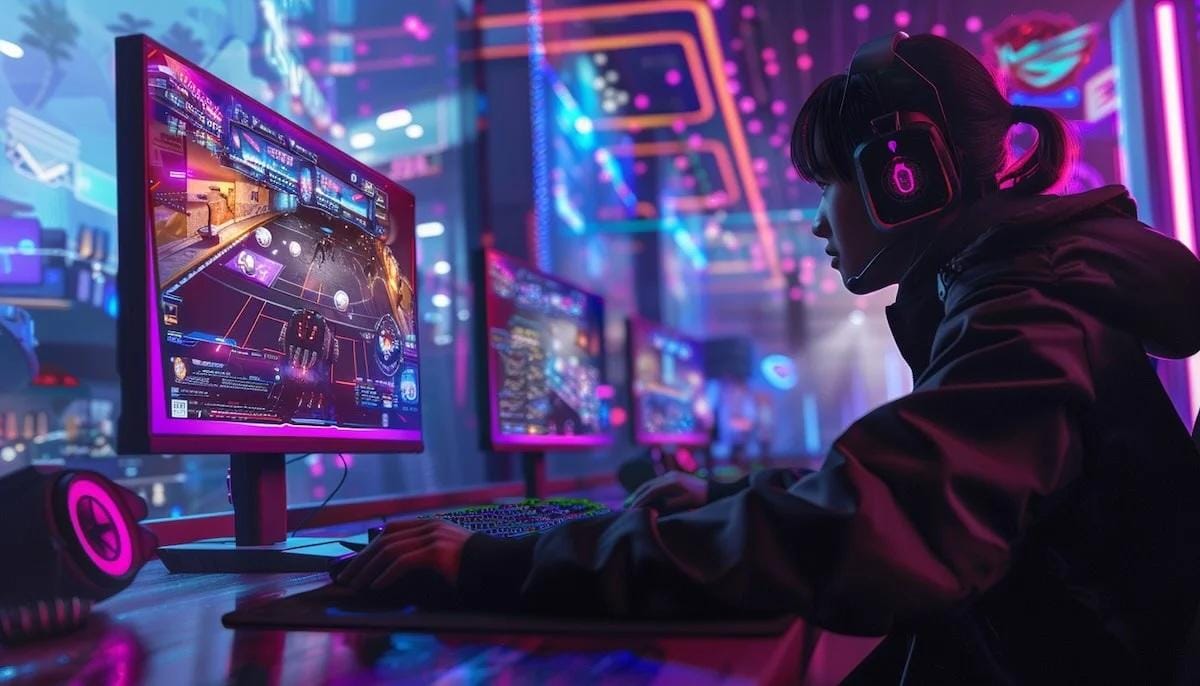 an image of a female player sitting behind her gaming computer.