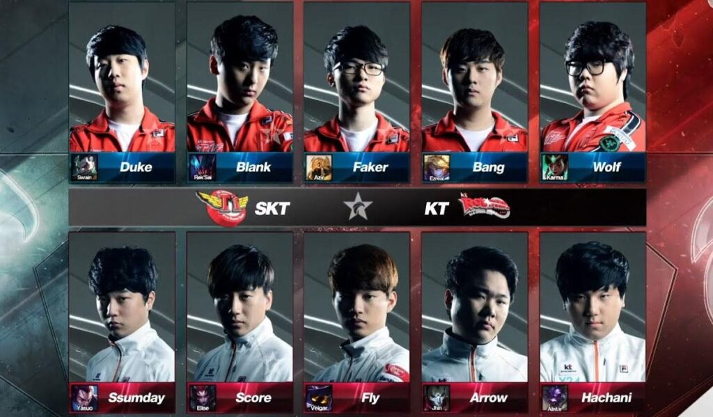 a picture of the SK Telecom T1 team vs. the KT Rolster team