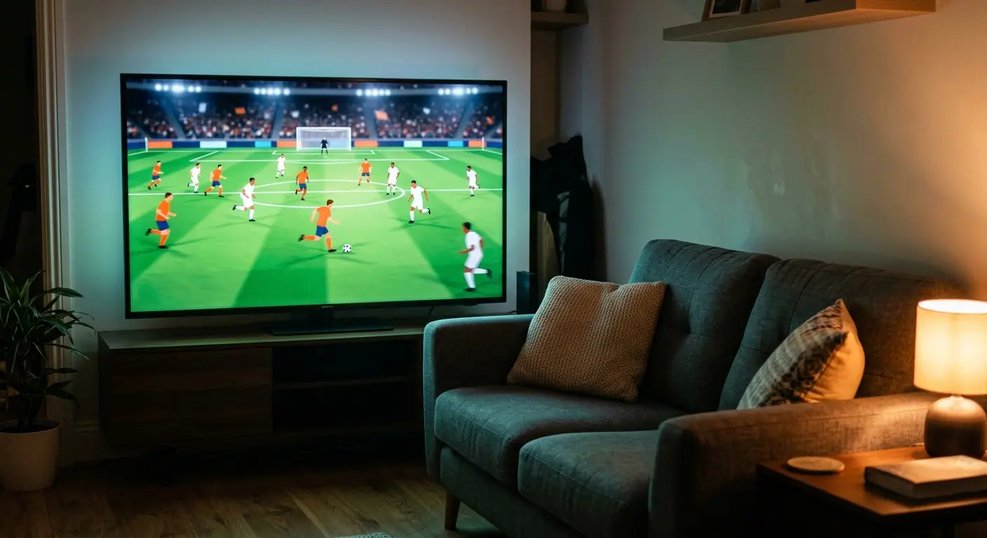 Visual prompt for Gemini (paste-ready):
Photorealistic close-up of a modern flat-panel TV screen displaying a generic abstract football match in progress on a green field with no readable scoreboard or text, a small couch with two cushions in the foreground, soft lamp light from a side table, evening atmosphere, slight TV glow on the cushions, depth of field with sharp focus on the TV screen, 35mm lens, no real-world game logos, no readable text on the screen, color palette: warm interior lamp light, cool TV blue-green glow.
